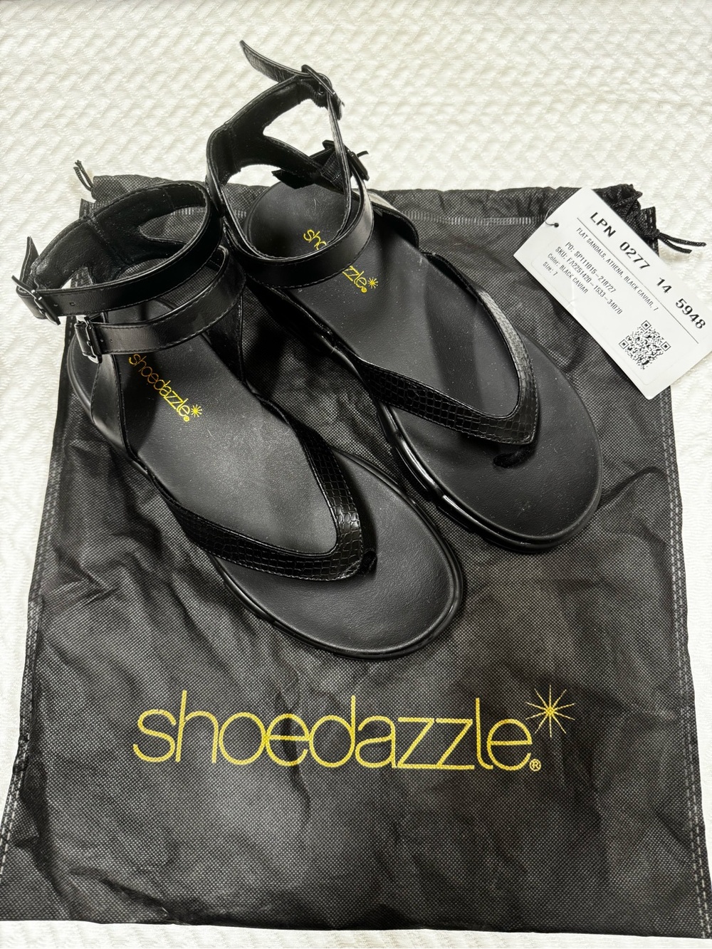 Shoe Dazzle Black Ankle-Strap Thong Sandals with Double Buckles